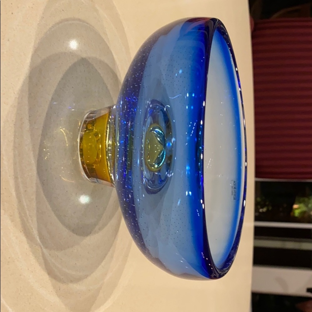 Kosta Boda crystal Bowl blue w/ copper color rim